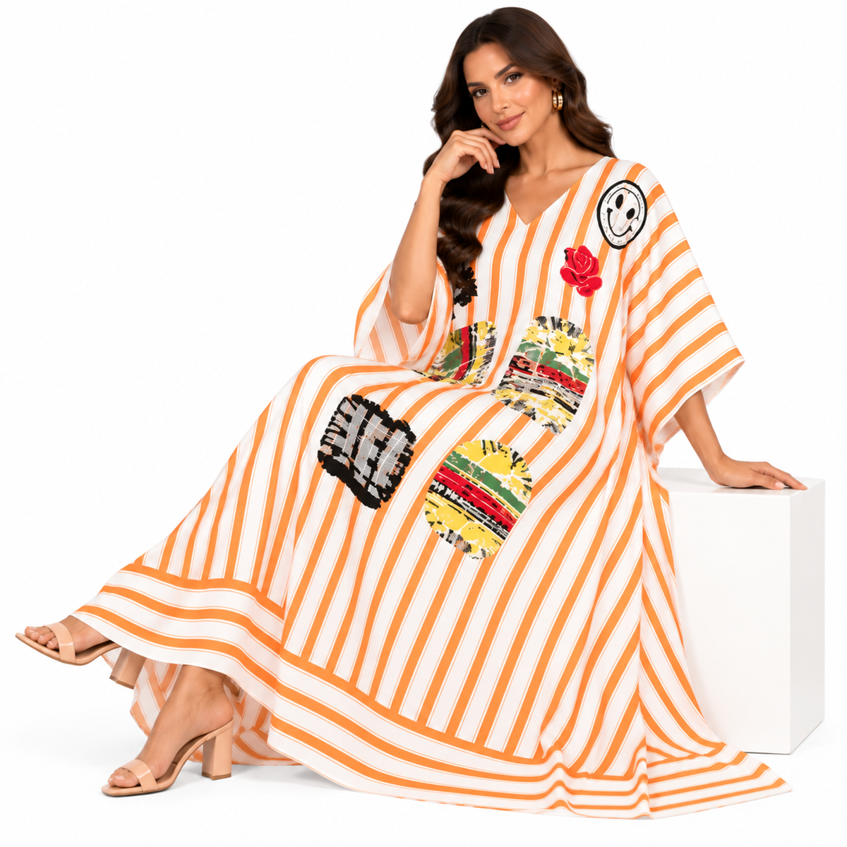 Orange White Striped Artistic Baju Kaftan