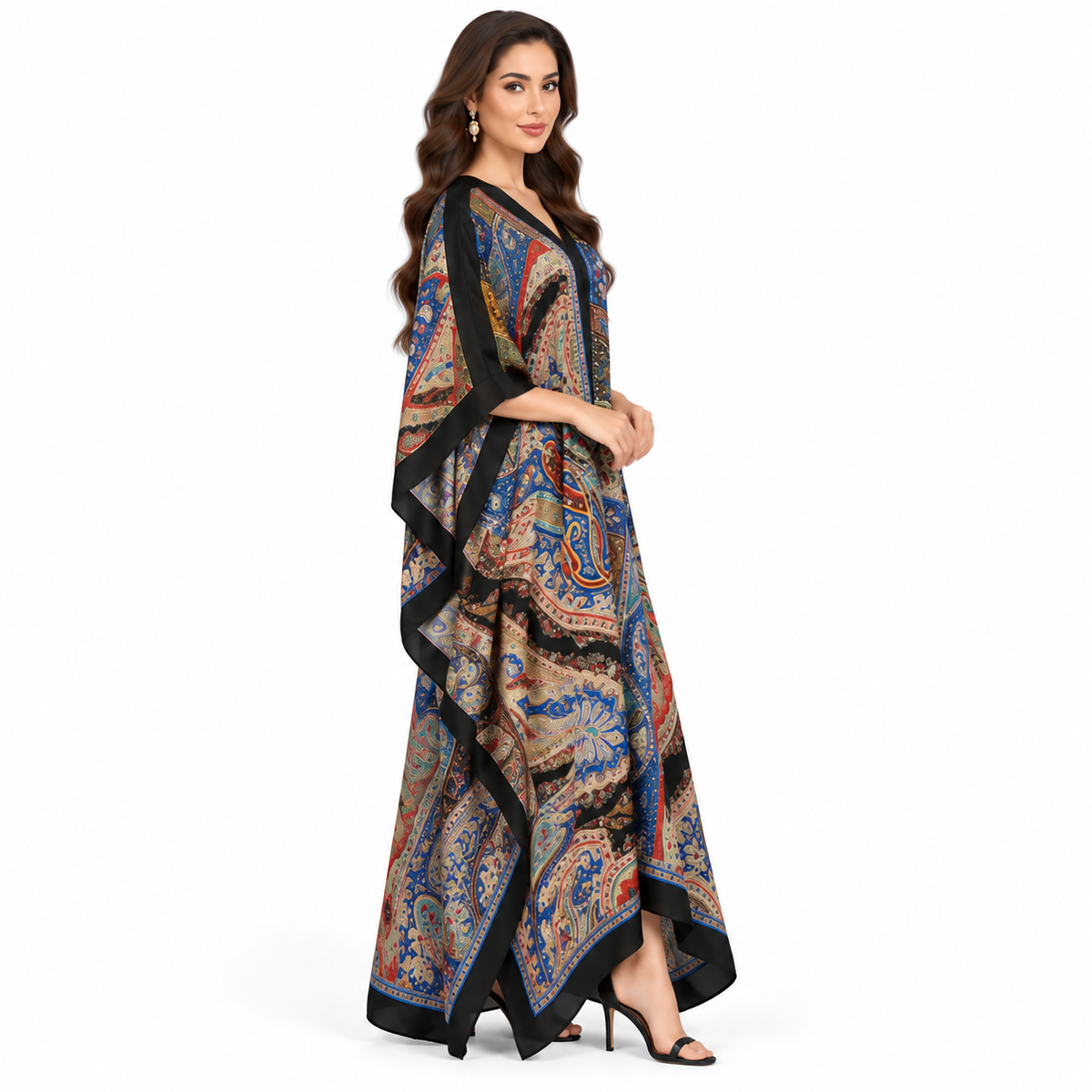 Elegant Pakistani Multicolor Paisley Print Kaftan