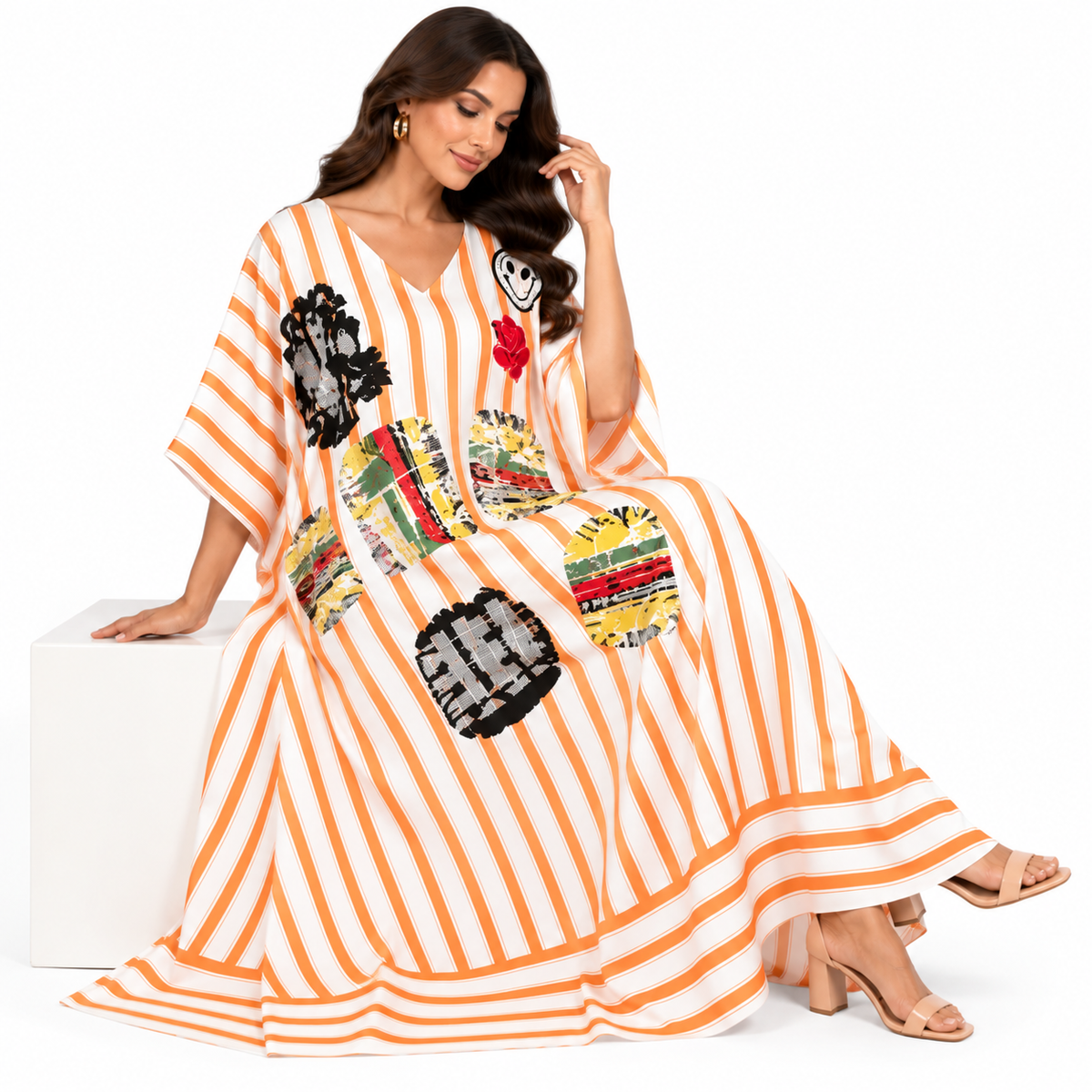 Orange White Striped Artistic Baju Kaftan