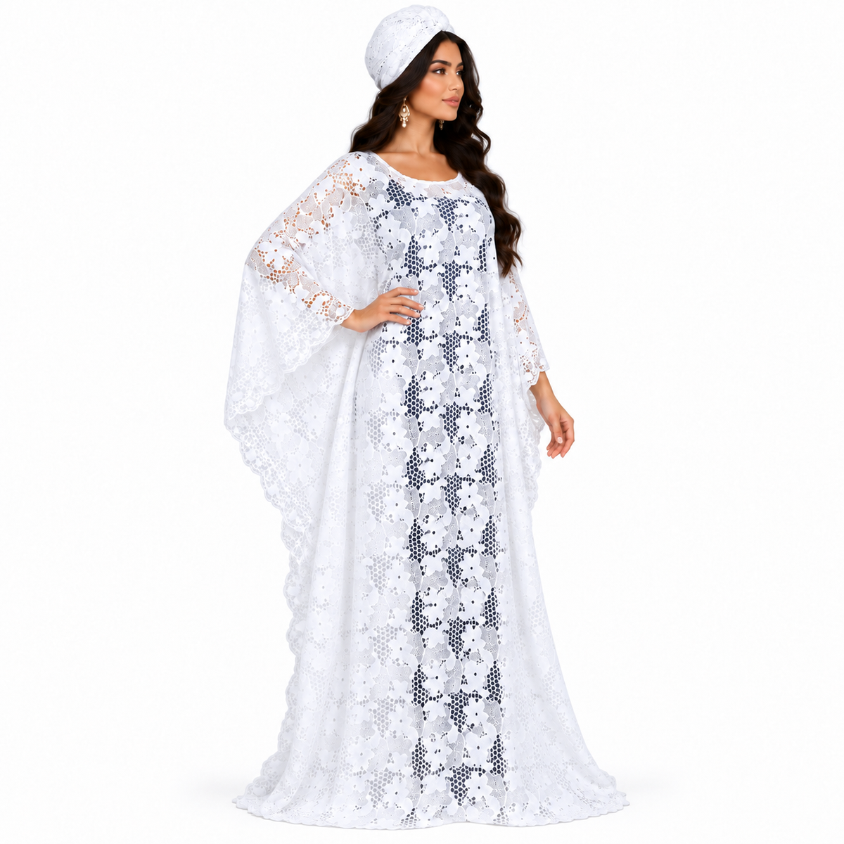 White Floral Lace Baju Kaftan Dress