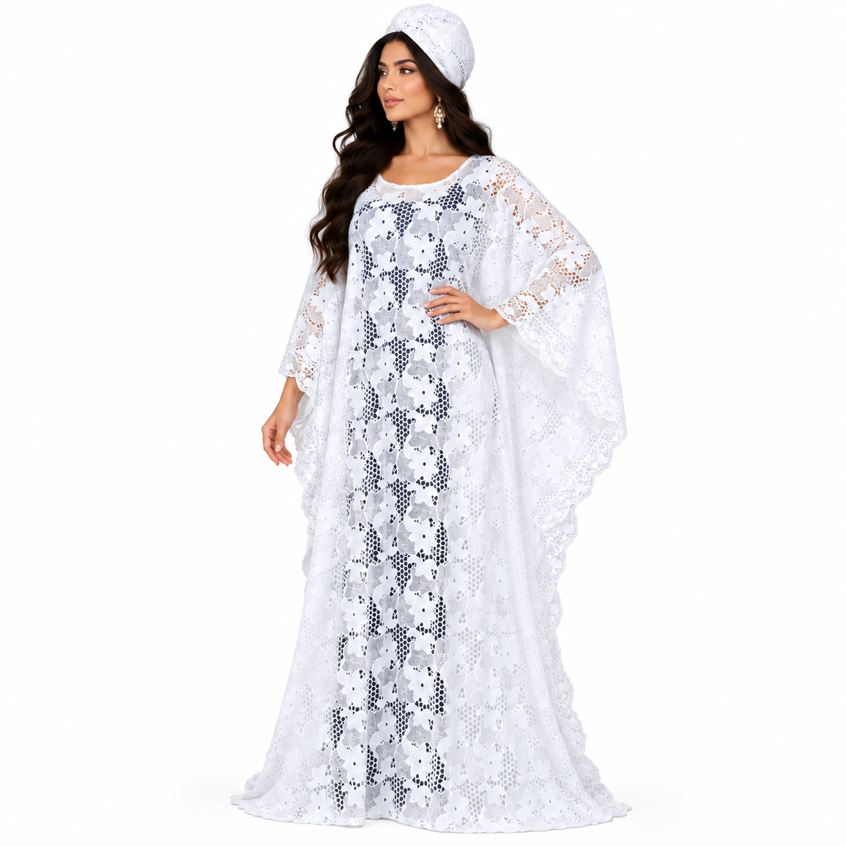 White Floral Lace Baju Kaftan Dress