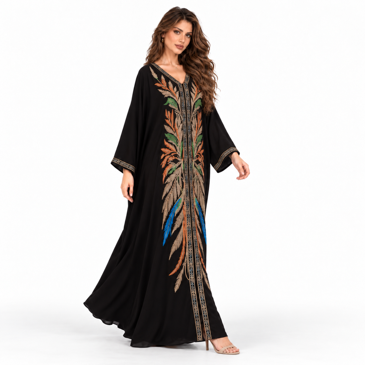 Black Multicolor Embroidered Luxury Elegant Kaftan