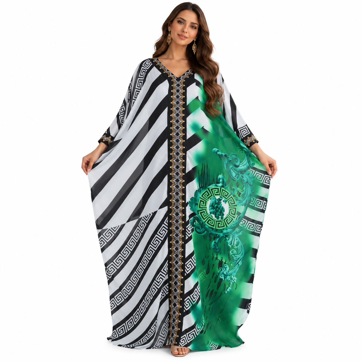 Emerald Geometric Printed Flowing Baju Kaftan