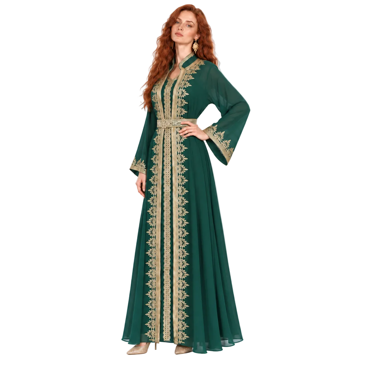 Emerald Green Gold embroidered Kaftan Lebaran