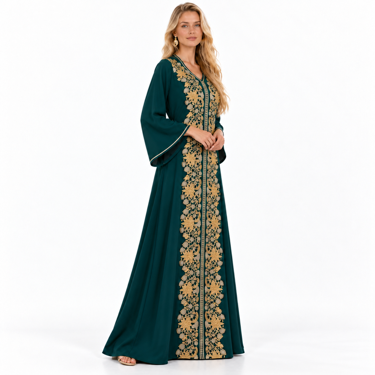 Emerald Green Gold Embroidered Gamis Kaftan