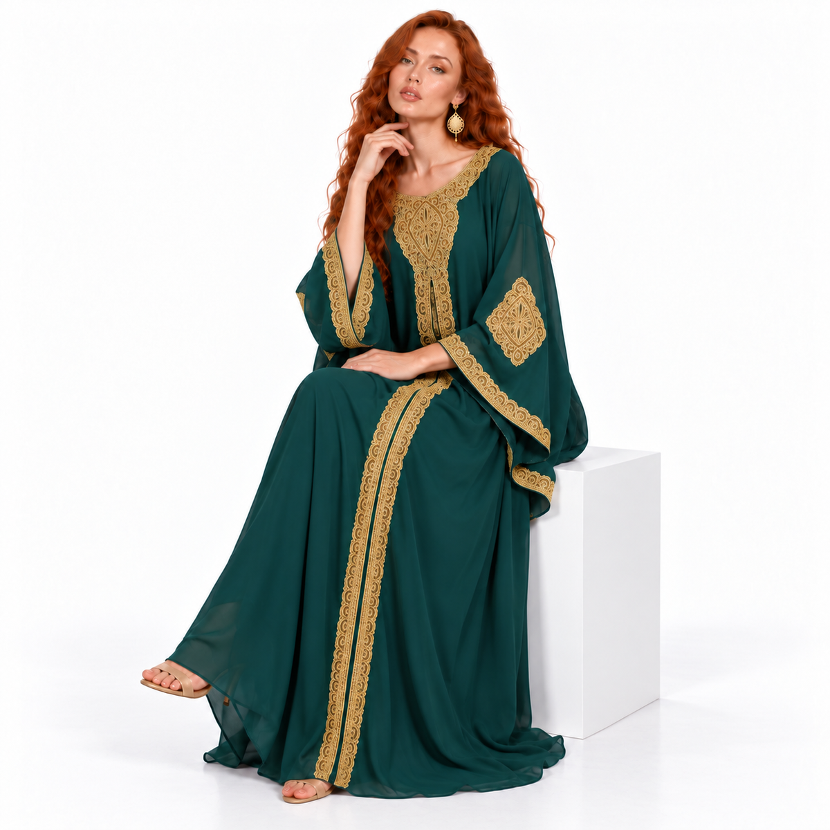 Emerald Green Gold Embroidered Lebaran Kaftan
