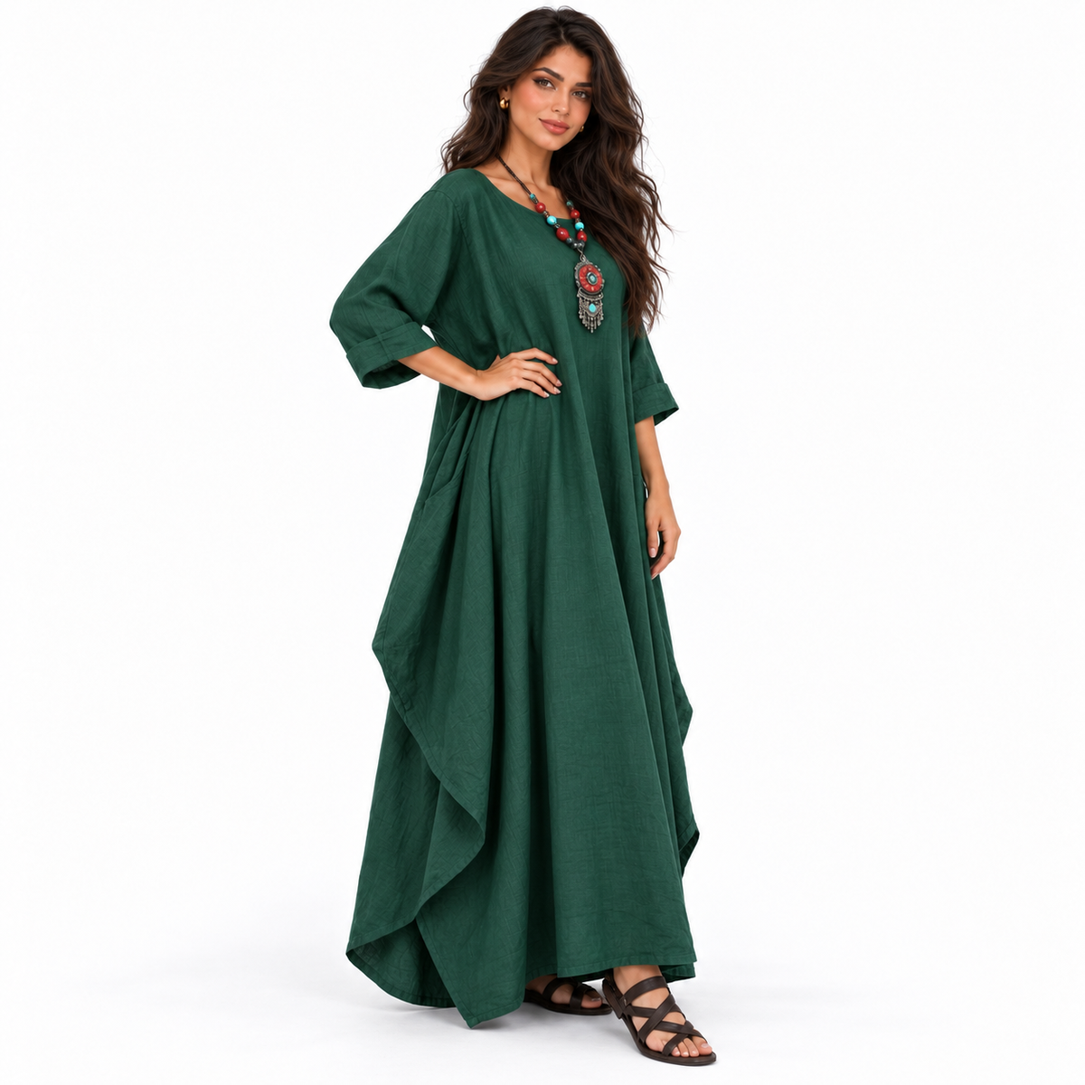 Elegant Forest Green Cotton Linen Kaftan