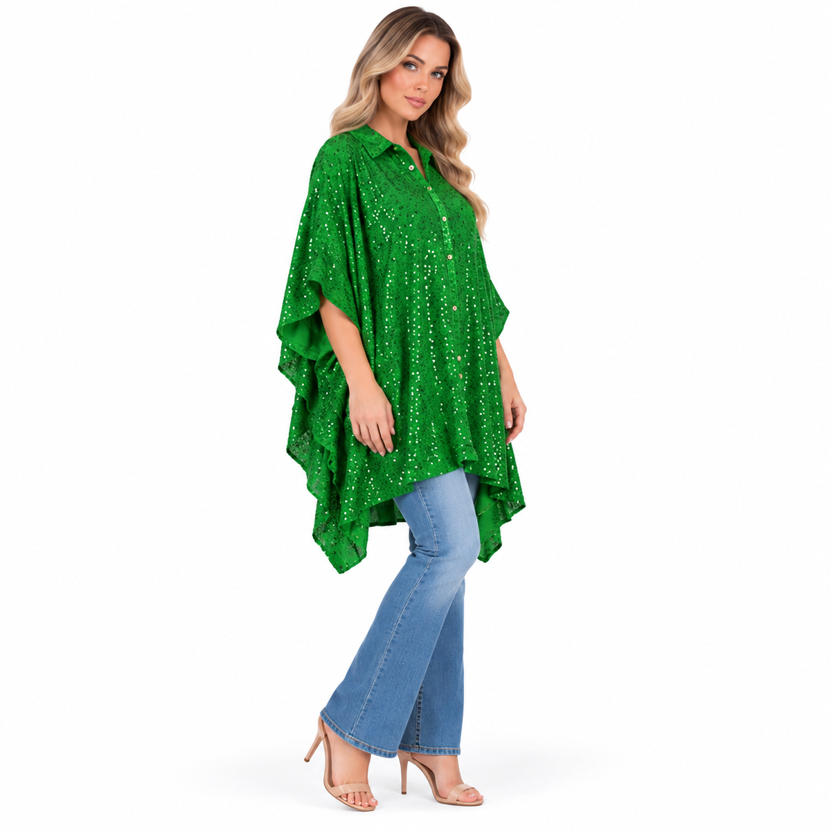 Elegant Emerald Green Sequin Kaftan Top