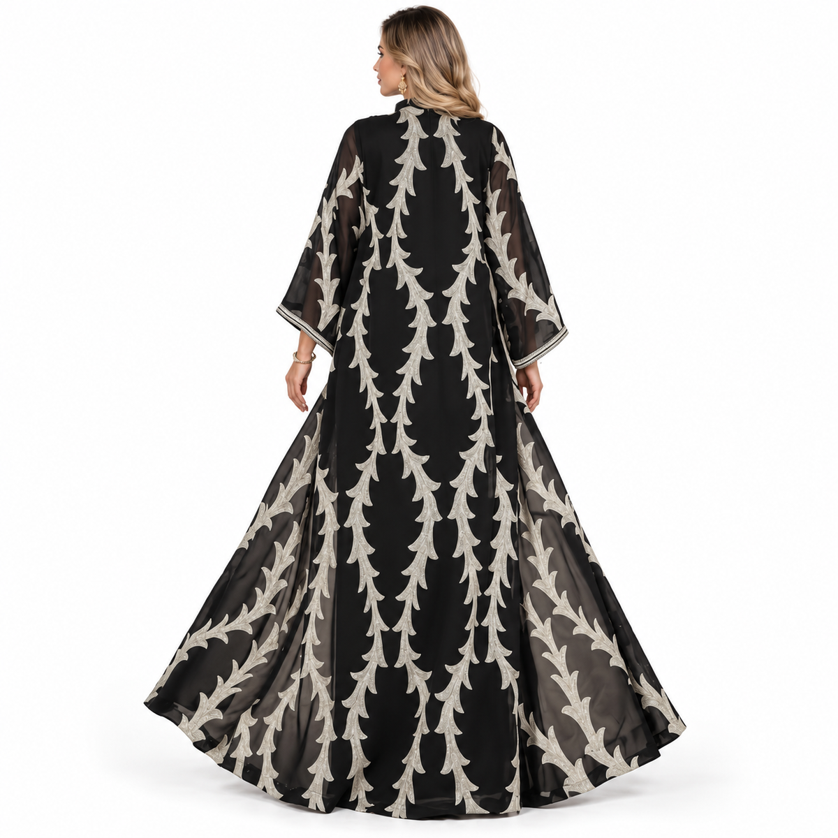 Elegant Black Silver Embroidered Gamis Kaftan