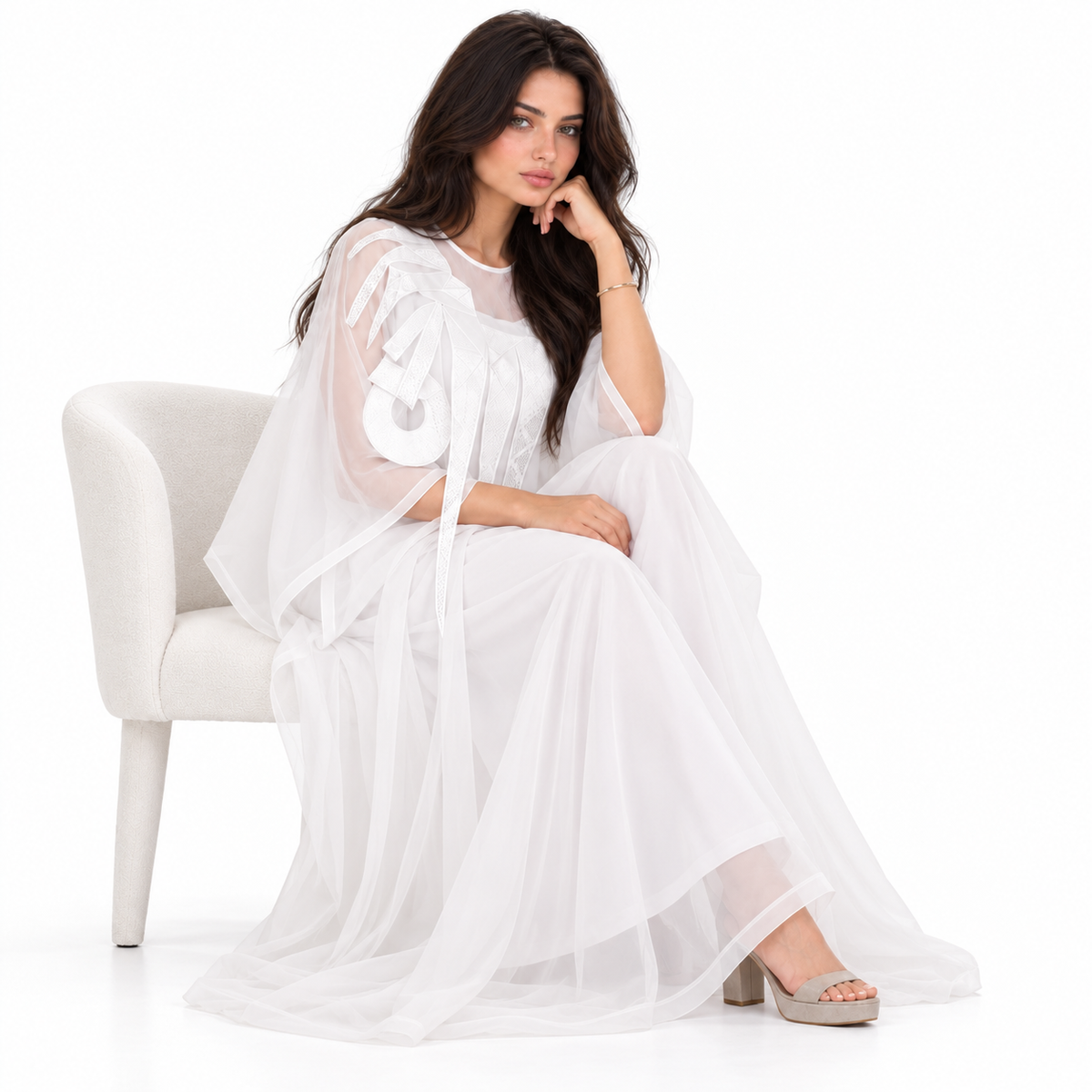 White Kaftan Elegant Sheer Layered Design