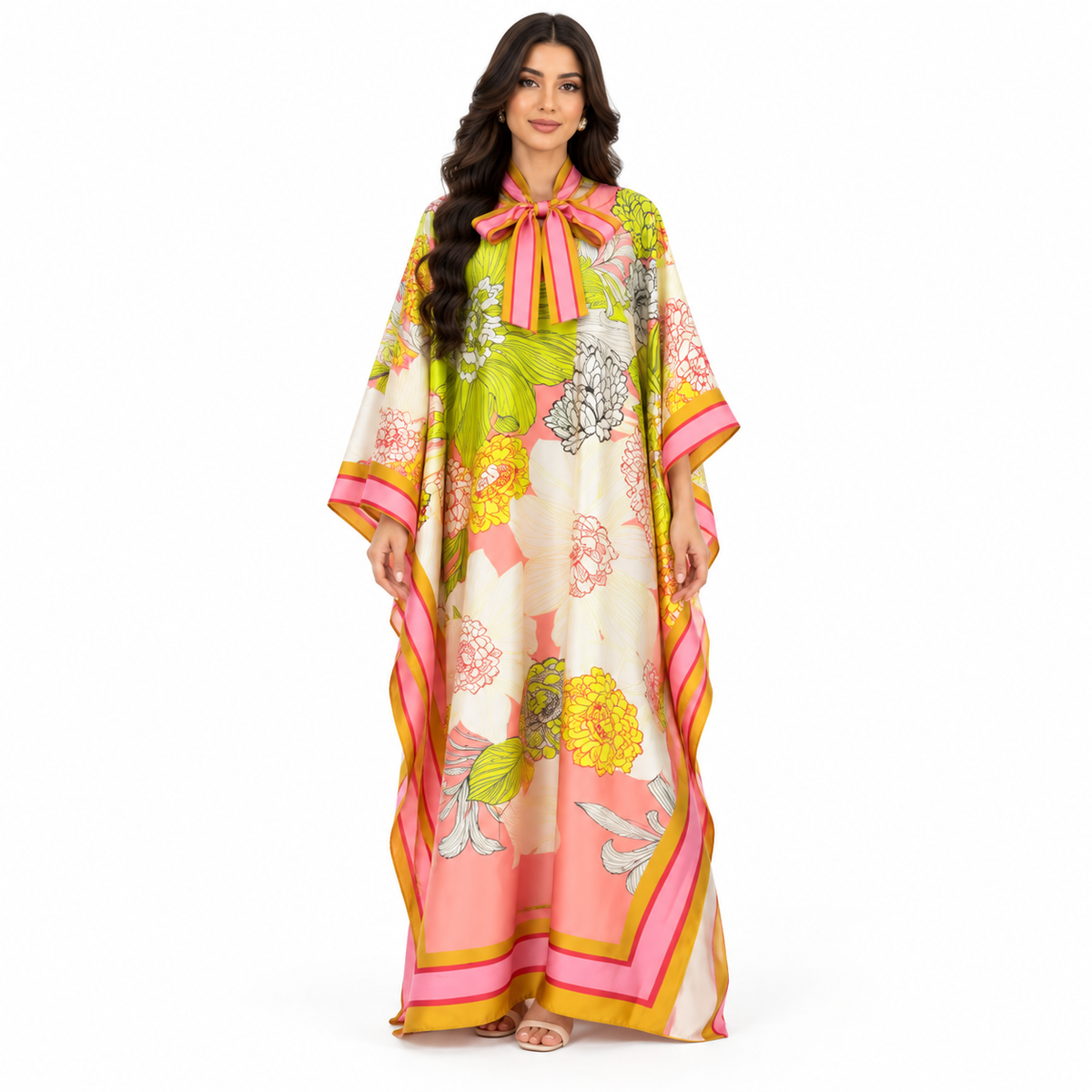 Floral Print Satin Plus Size Kaftan