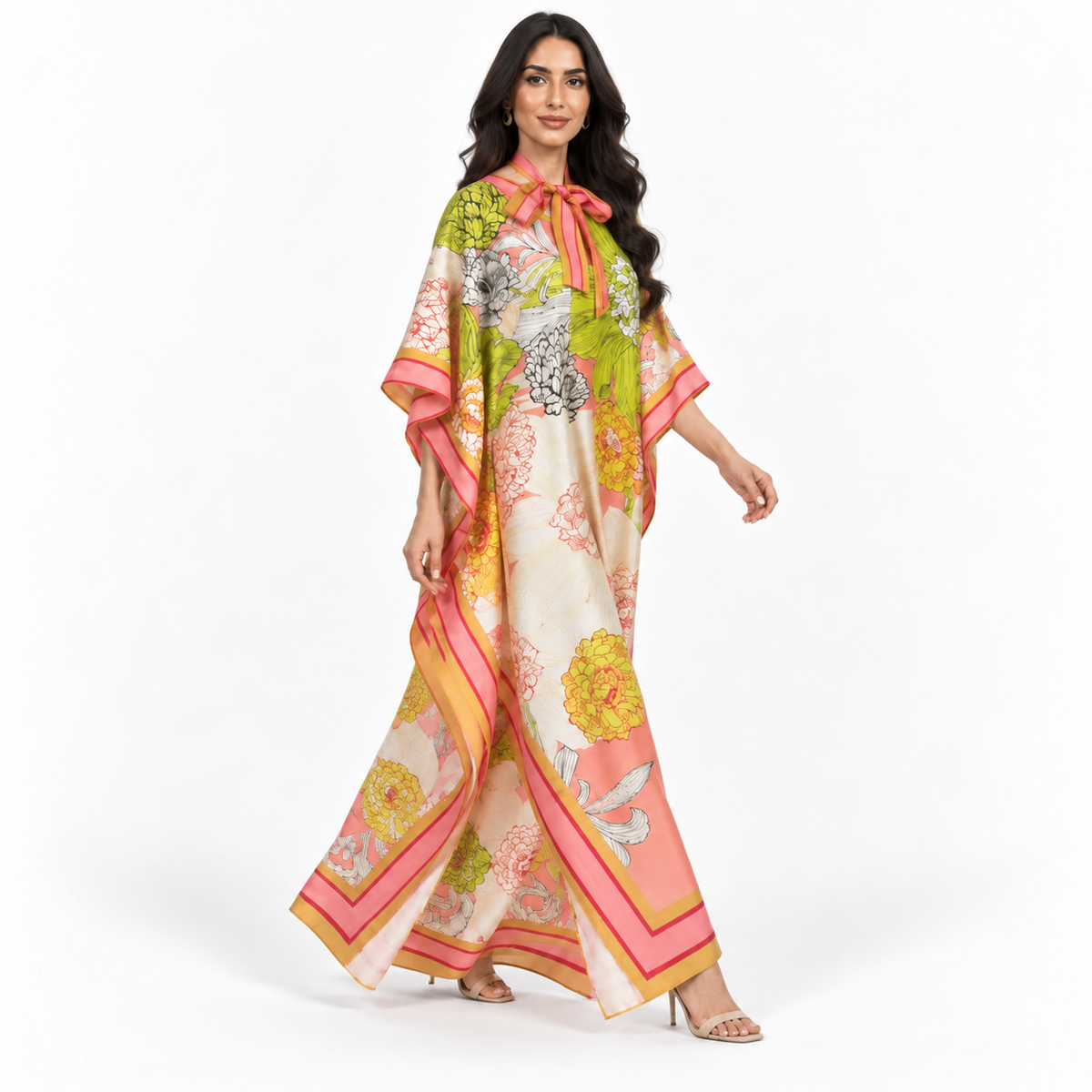 Floral Print Satin Plus Size Kaftan