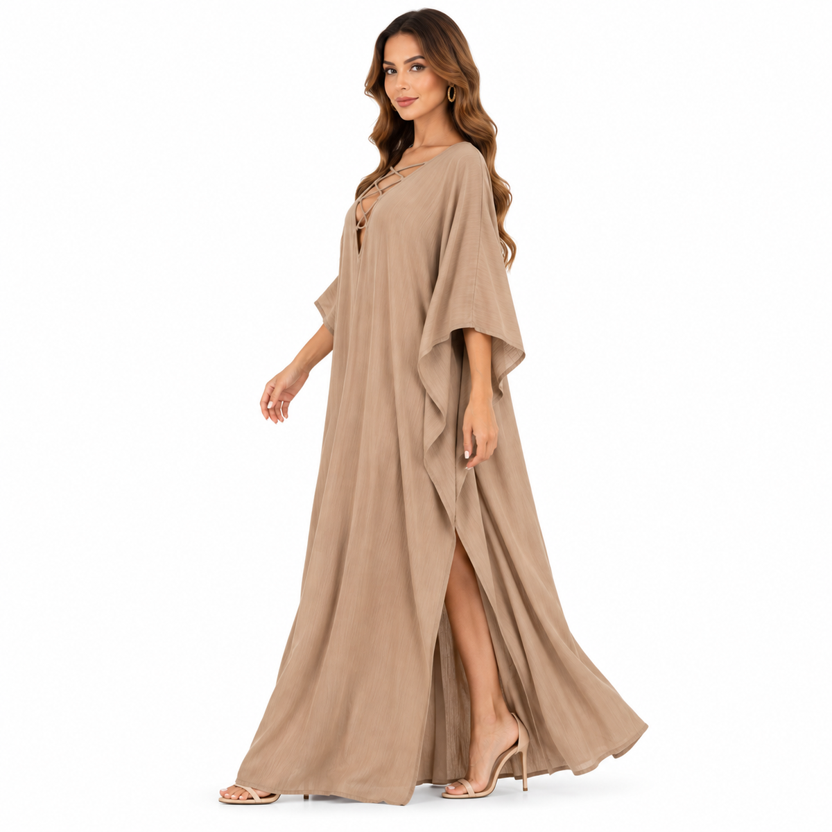 Taupe Lace-Up Flowing Baju Kaftan