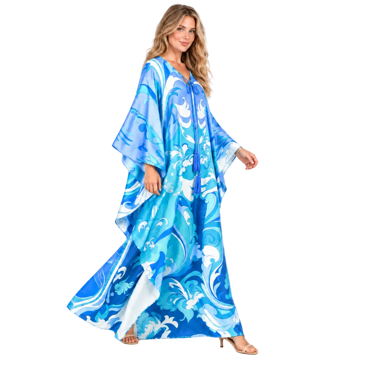 Ocean Blue Printed Silk Satin Kaftan