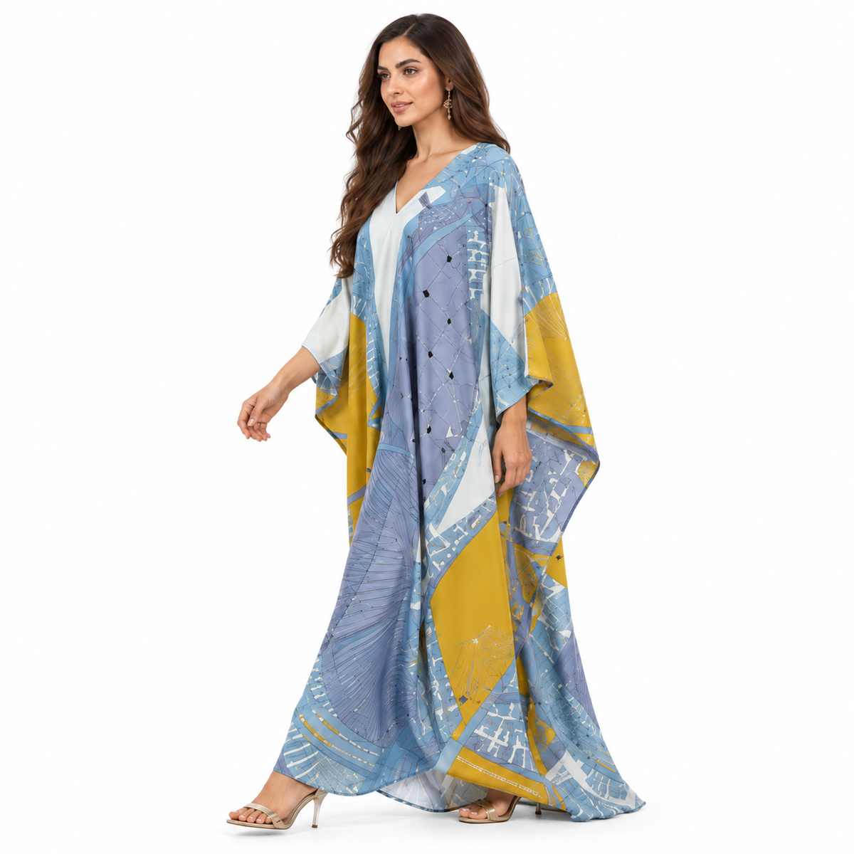 Blue Mustard Geometric pakistani Beach Kaftan