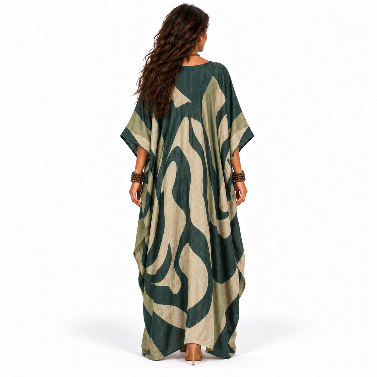 Elegant Forest Green Abstract Linen Kaftan