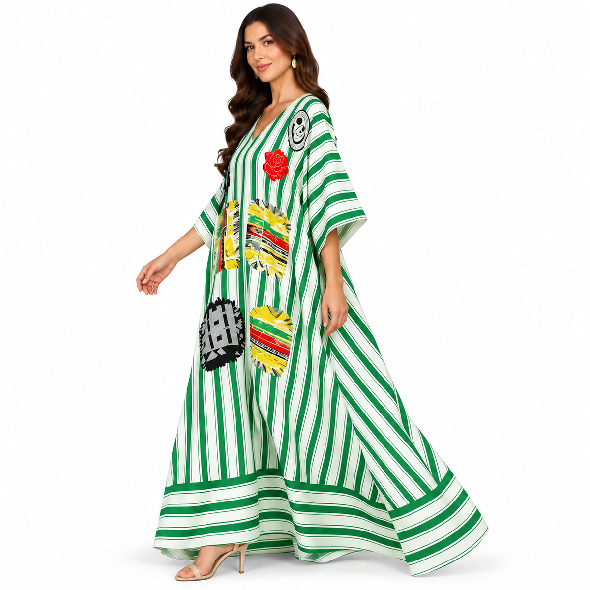 Green White Striped Artistic Baju Kaftan
