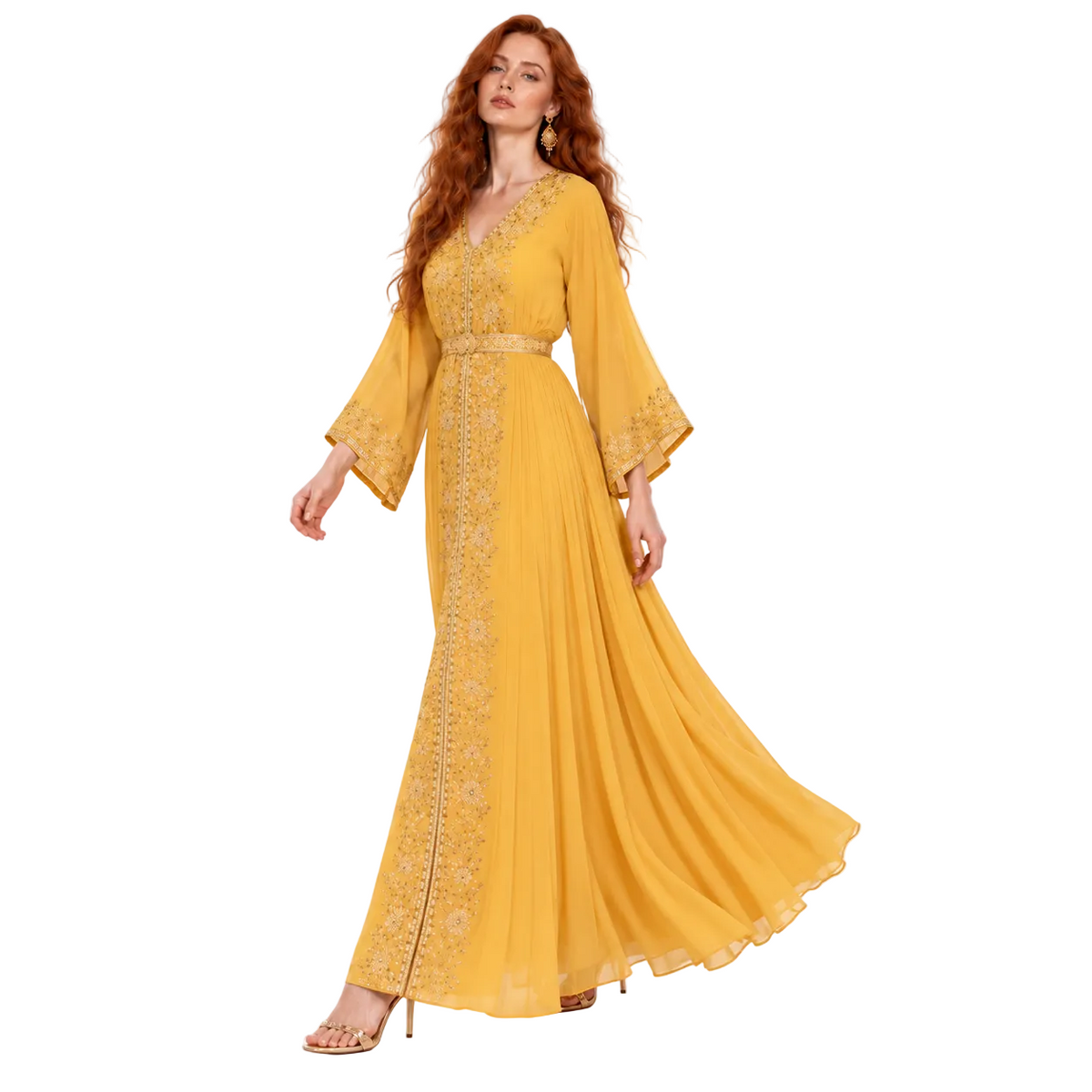 Mustard Yellow Gold Embroidered Kaftan Lebaran