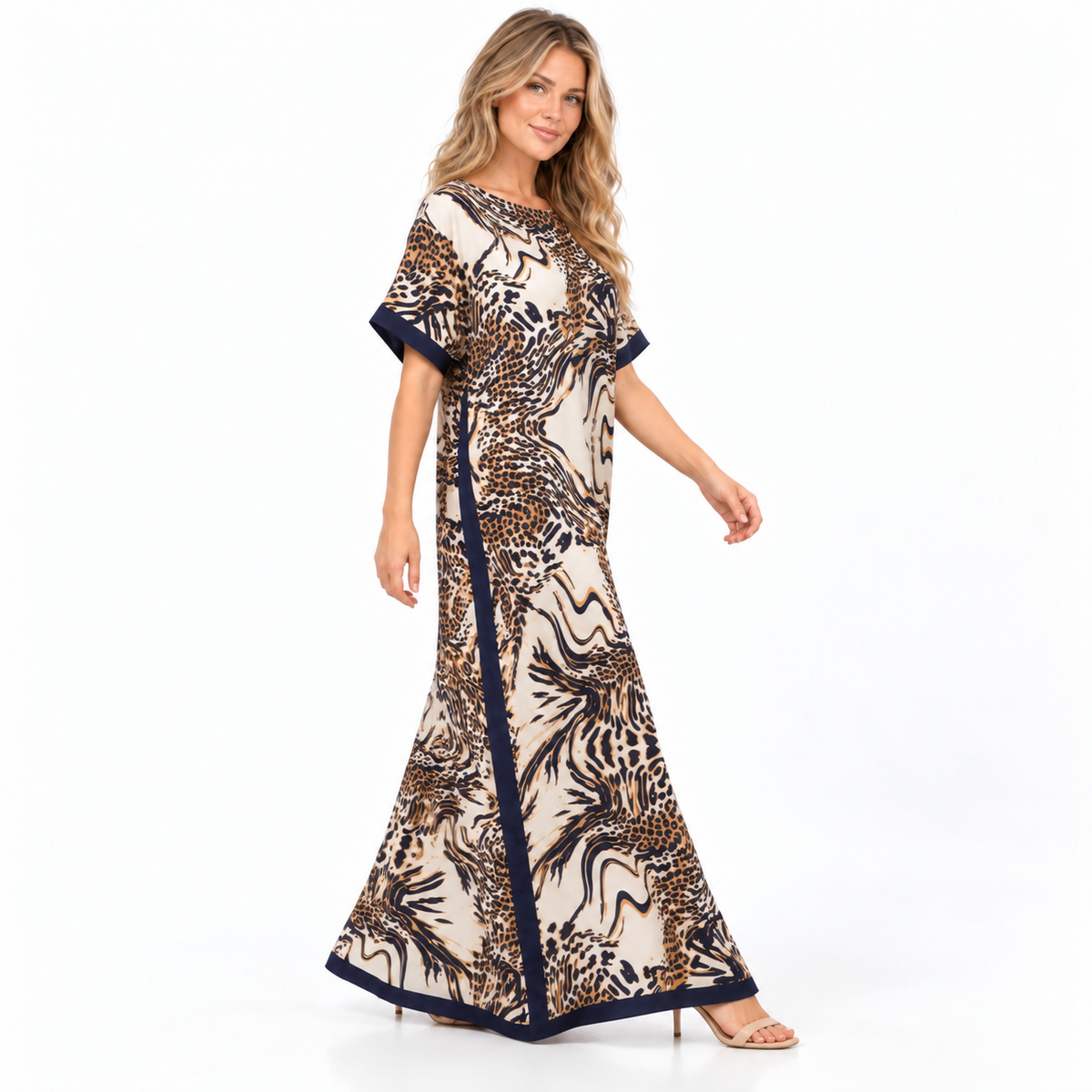 Dark Grey Leopard Print Silk Satin Kaftan