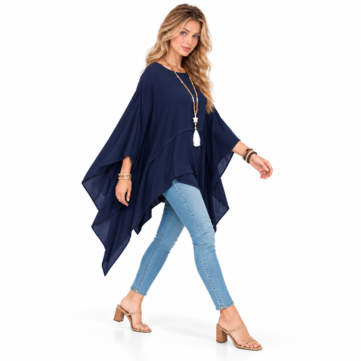 Elegant Navy Blue Flowy Kaftan Top