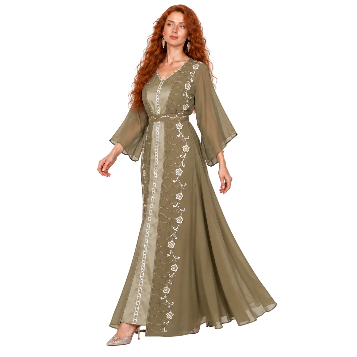 Elegant Khaki Floral Embroidered Kaftan Lebaran