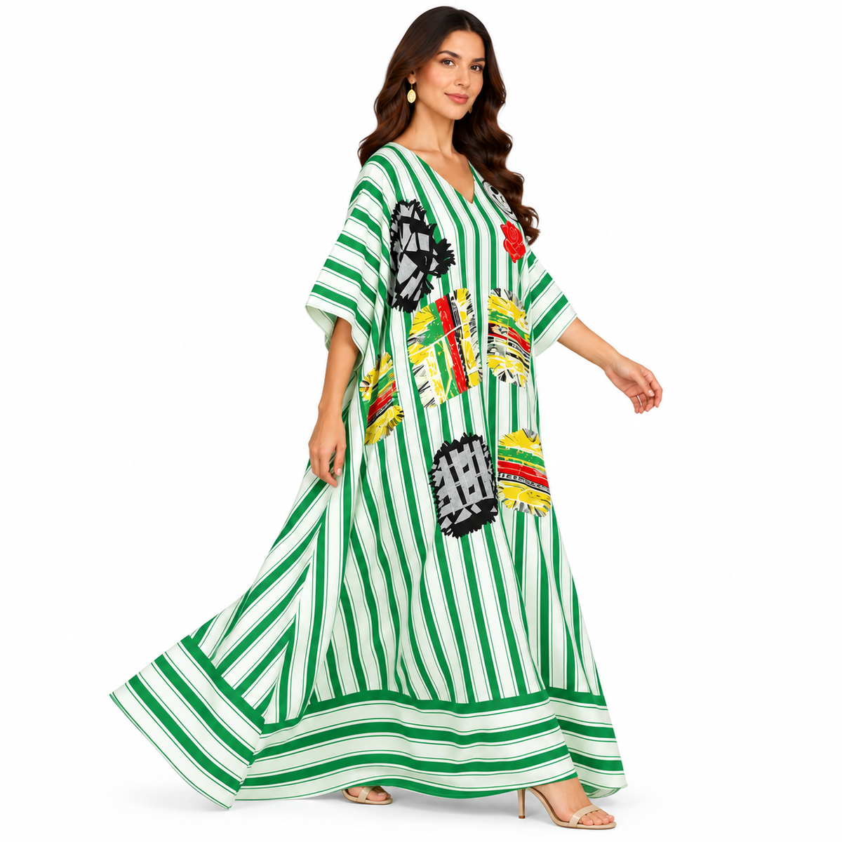 Green White Striped Artistic Baju Kaftan
