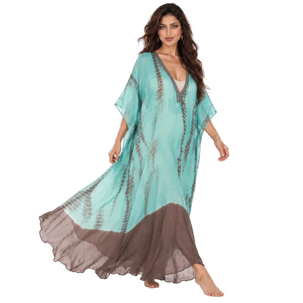 Aqua Brown Tie Dye Beach Kaftan