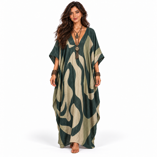 Elegant Forest Green Abstract Linen Kaftan