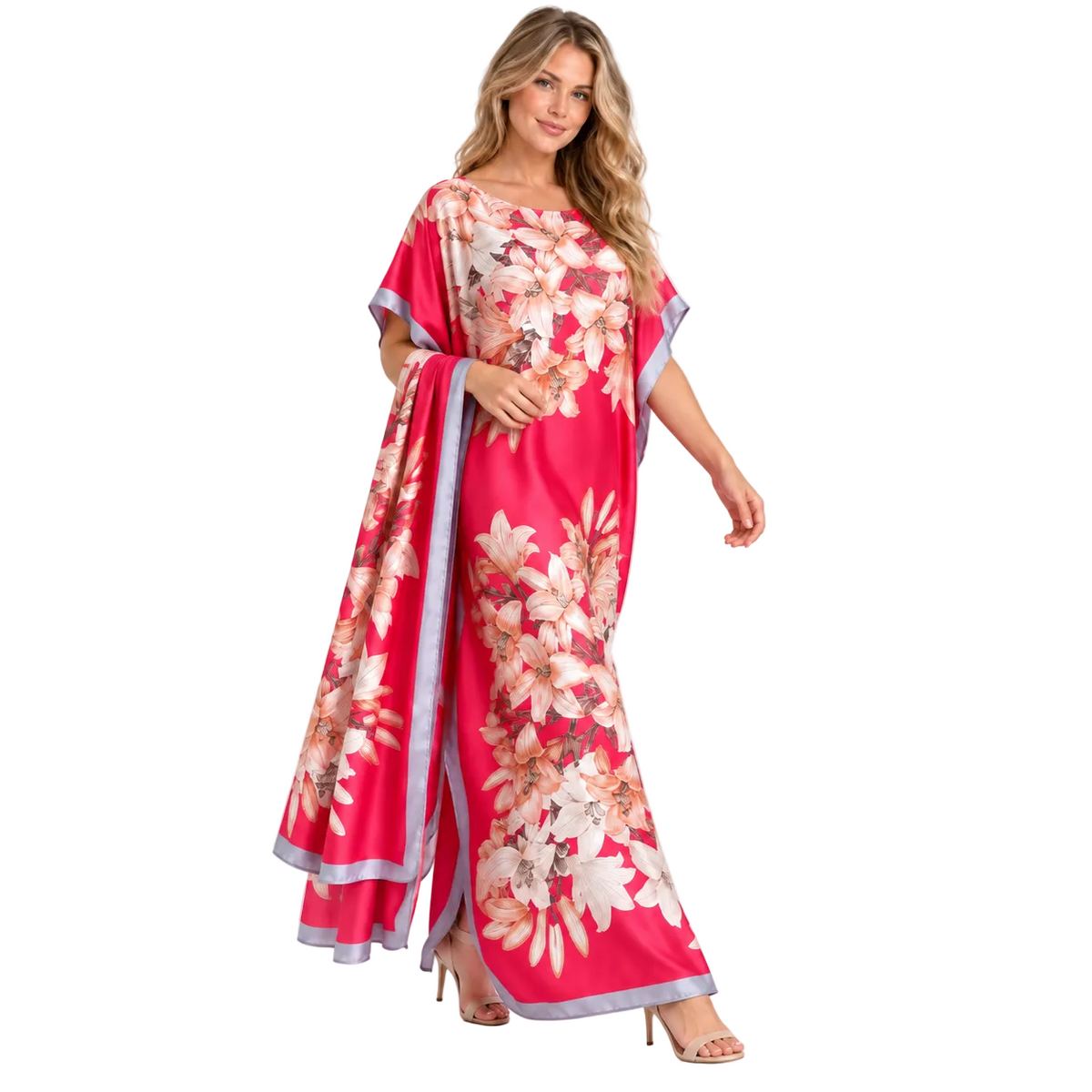Pink Floral Silk Satin Luxury Kaftan