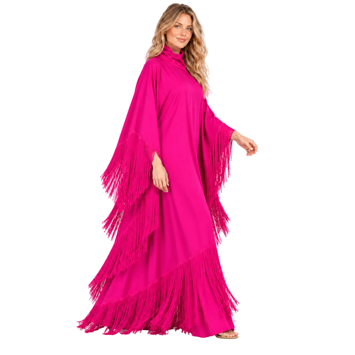 Elegant Rose Pink Fringe Detail Kaftan
