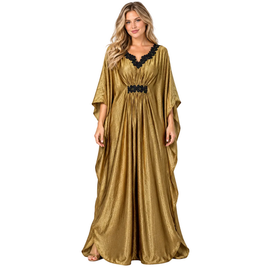 Golden Black Lace Embellished Silk Satin Kaftan