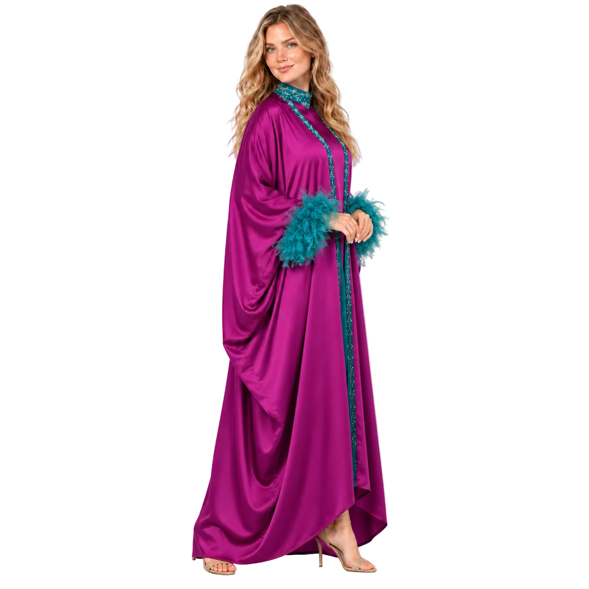Elegant Purple Satin Teal Feather Kaftan
