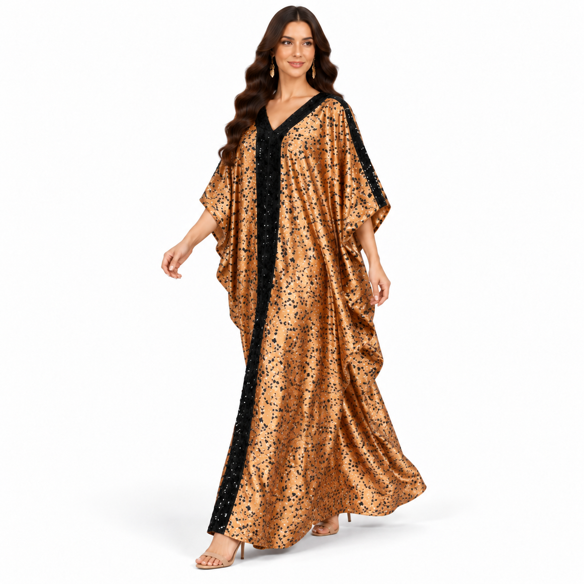 Brown Black Printed Satin Baju Kaftan