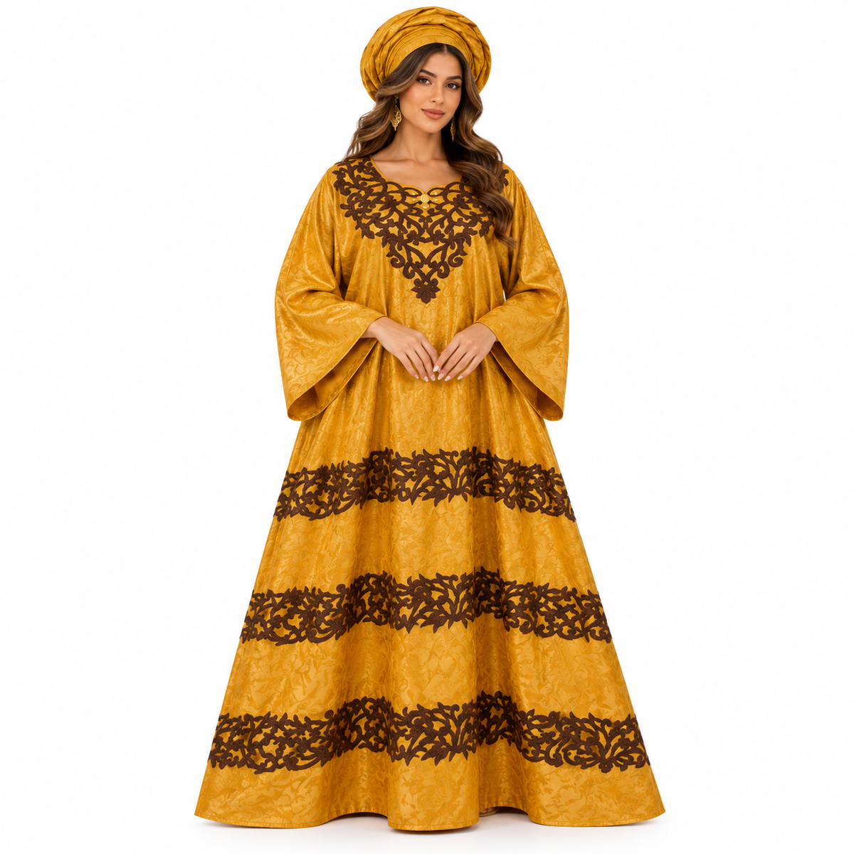 Mustard Gold Brown Embroidered Baju Kaftan