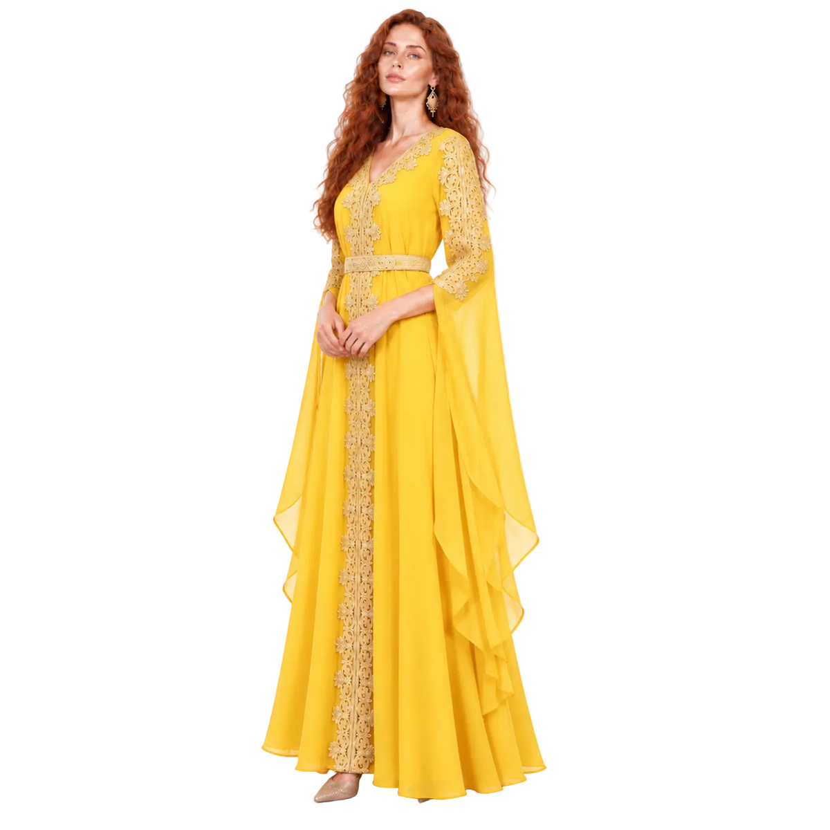 Elegant Yellow Gold Embroidered Luxury Kaftan
