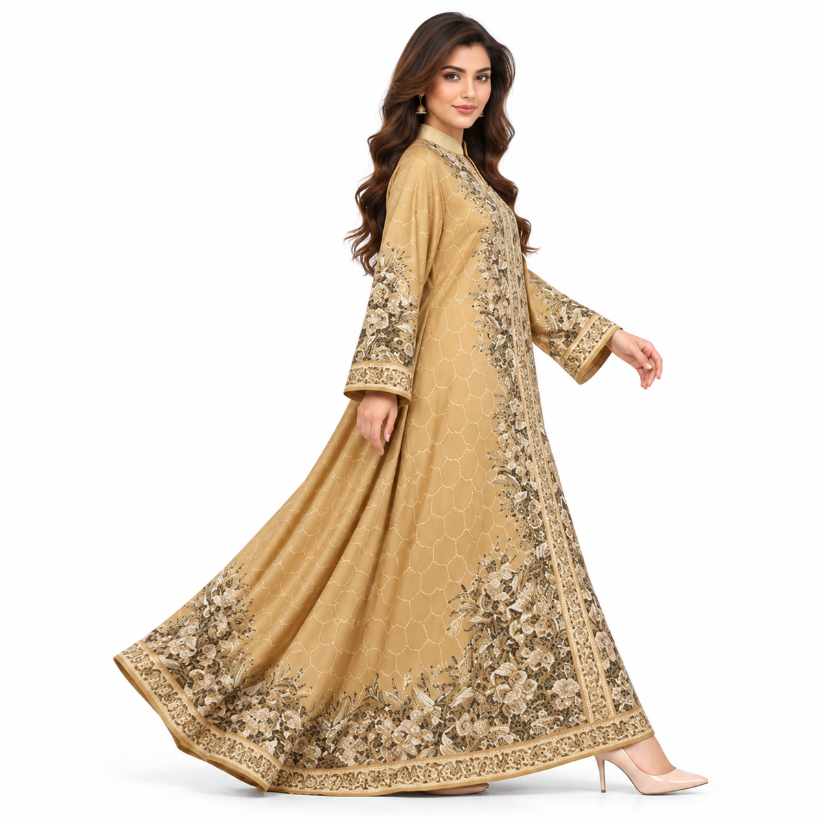 Elegant Apricot Embroidered Pakistani Kaftan Dress