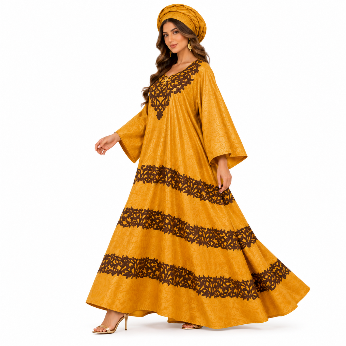 Mustard Gold Brown Embroidered Baju Kaftan