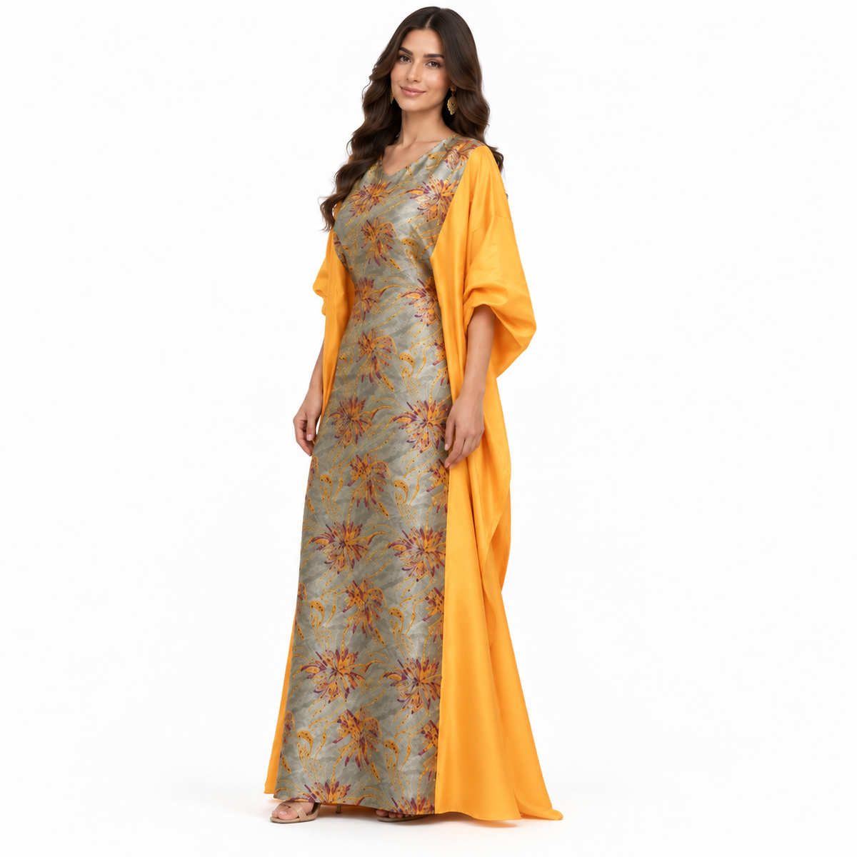Yellow Floral Brocade Satin Baju Kaftan