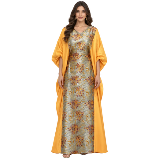 Yellow Floral Brocade Satin Baju Kaftan