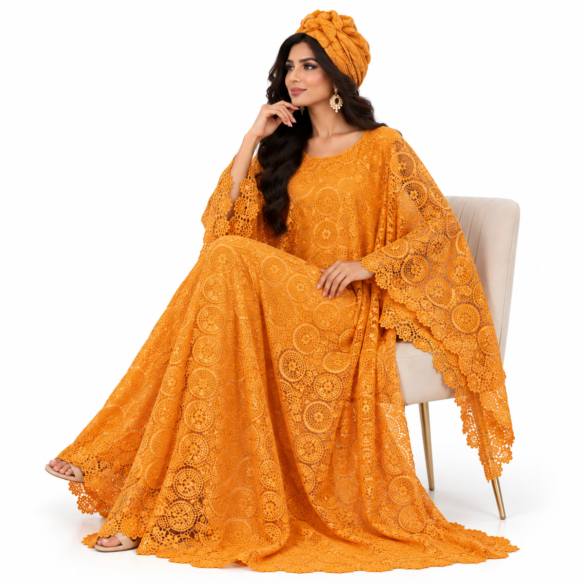 Golden Orange Lace Baju Kaftan Dress