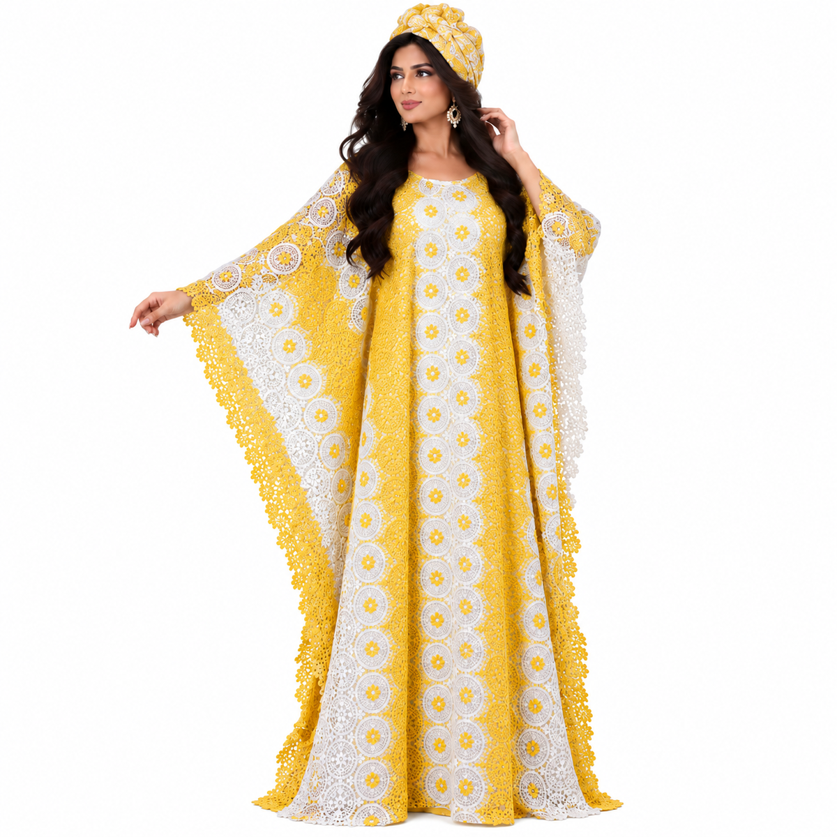 Golden Yellow White Lace Baju Kaftan