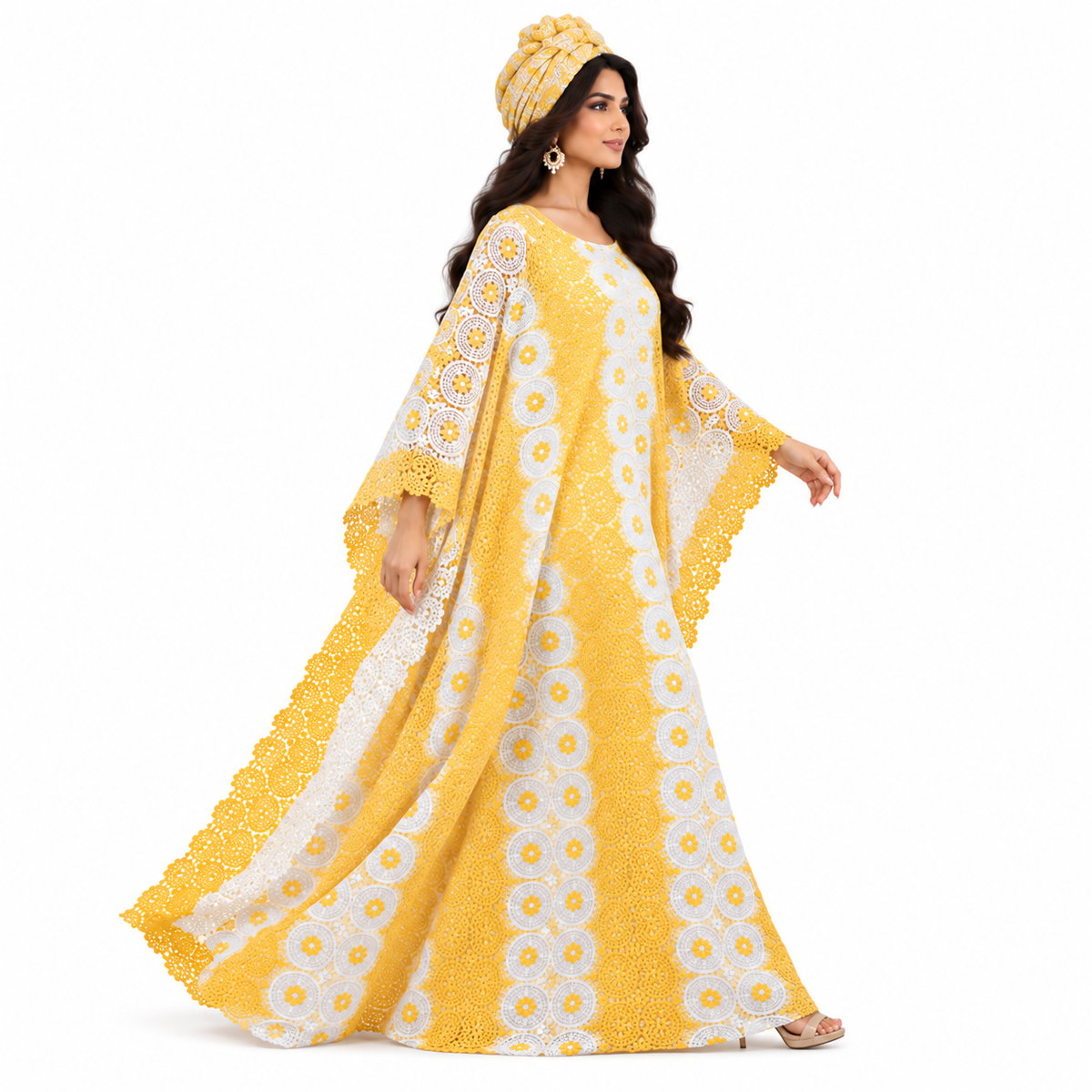 Golden Yellow White Lace Baju Kaftan