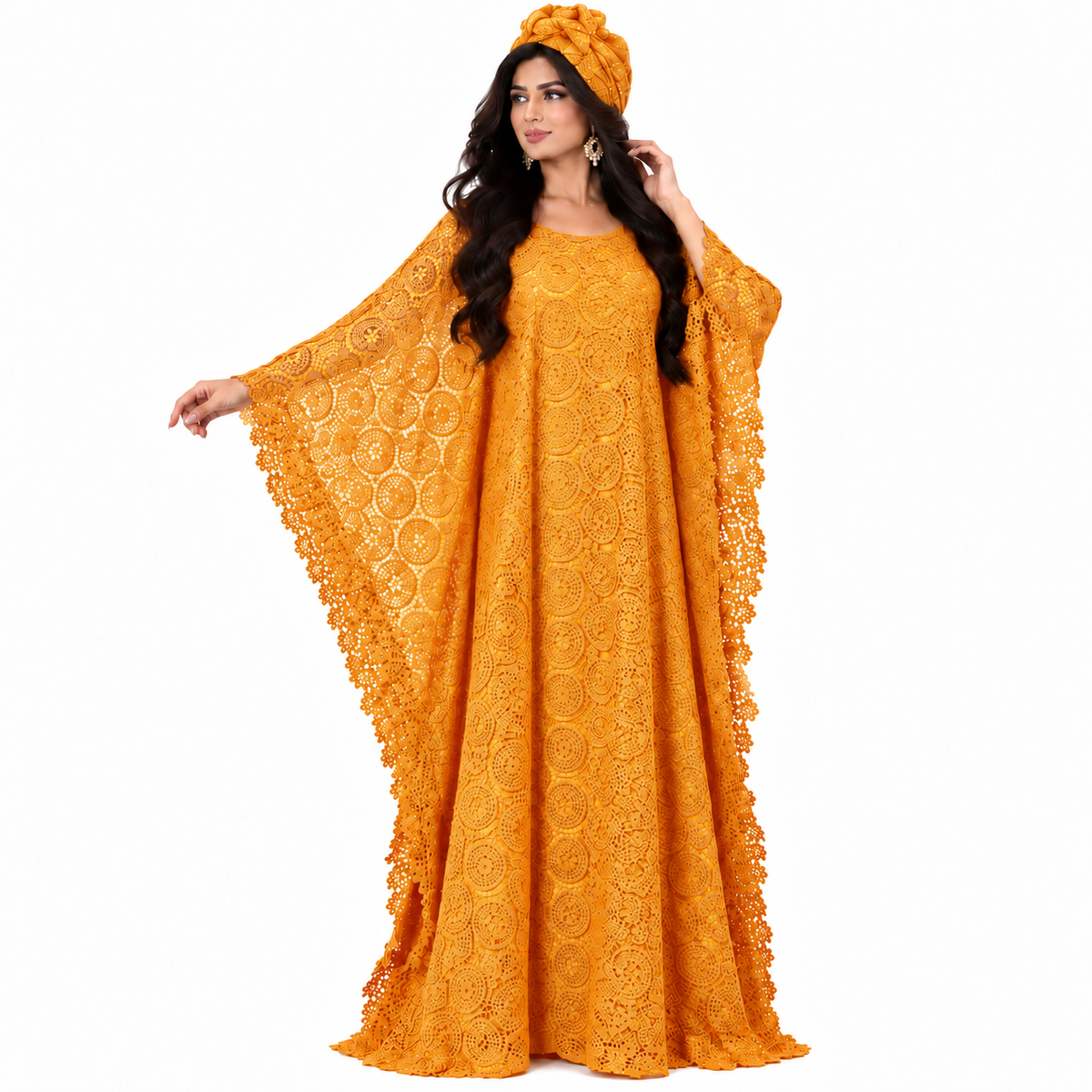 Golden Orange Lace Baju Kaftan Dress