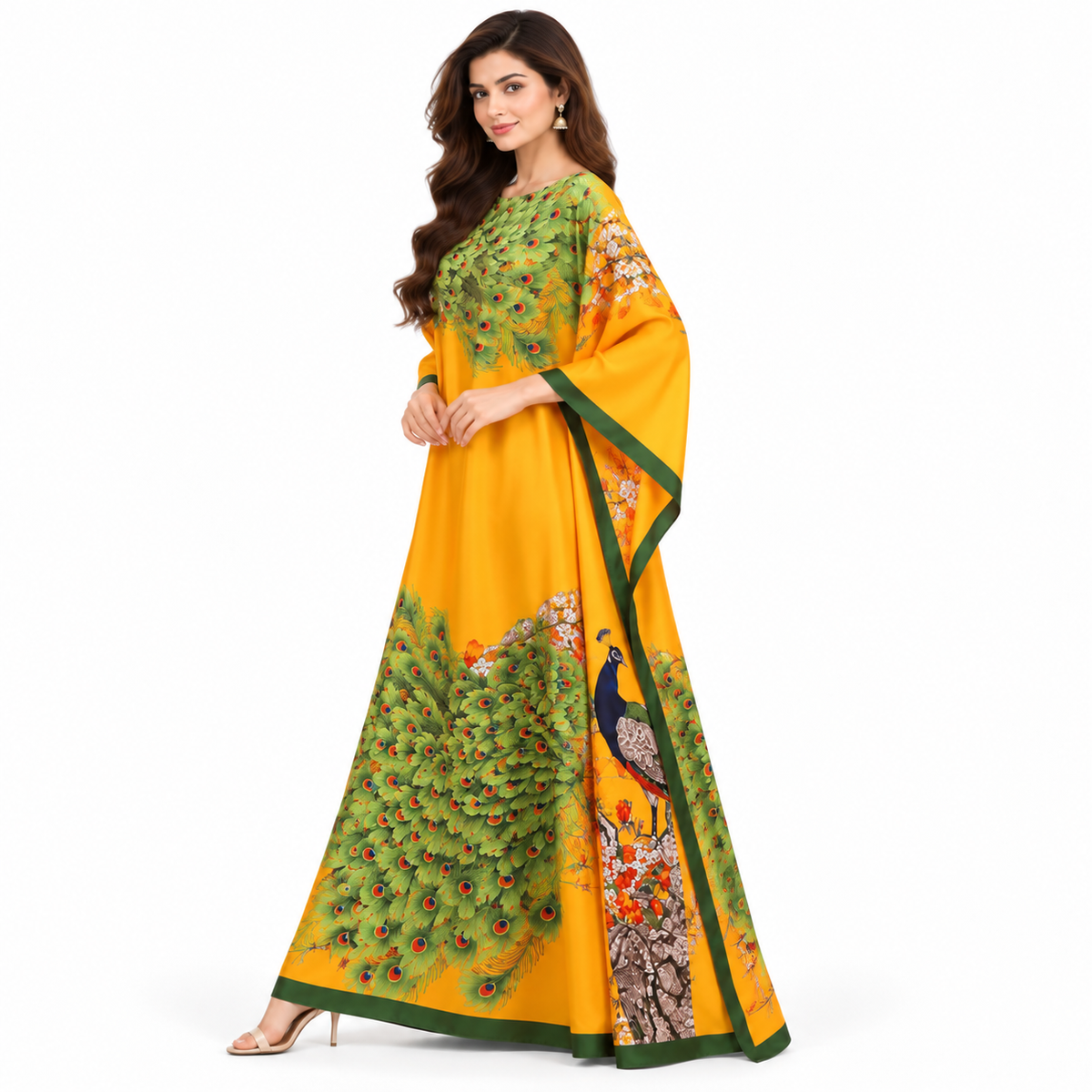 Elegant Yellow Peacock Printed Pakistani Kaftan