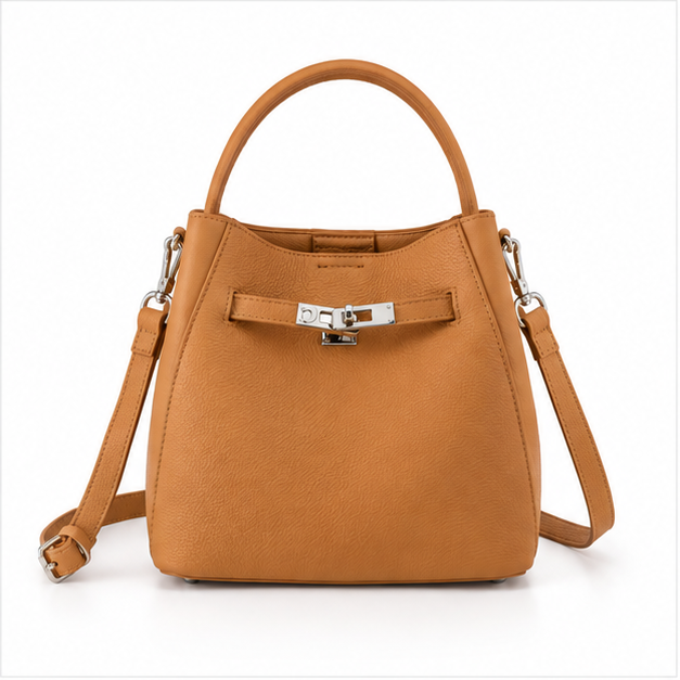 Elegant Tan Textured Leather Bucket Handbag