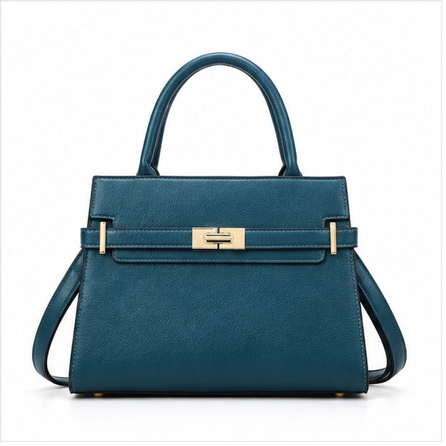 Blue Structured Leather Top Handle Handbag
