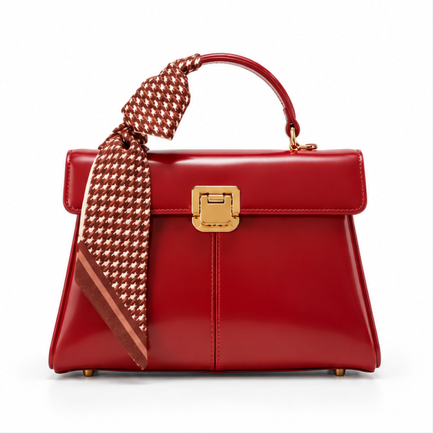 Red Bow Accent Structured Leather Handbag