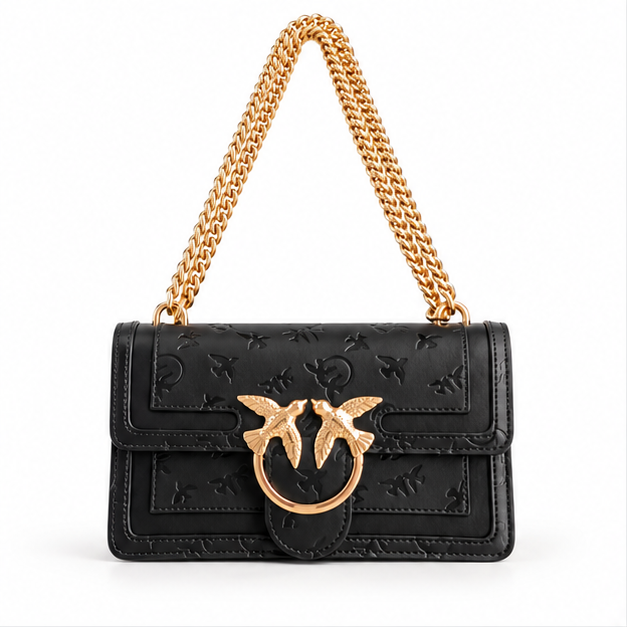 Black Embossed Gold Chain Shoulder Bag
