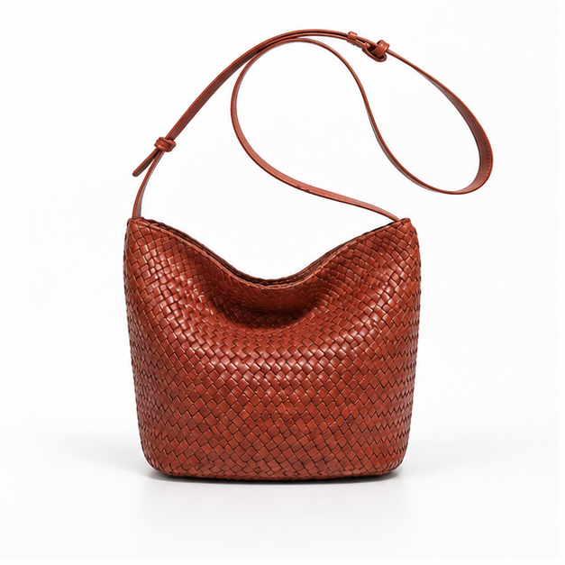 Woven Leather Slouchy Shoulder Bucket Bag