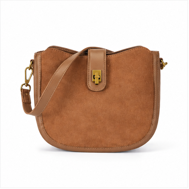 Coffee Suede Saddle Crossbody Shoulder Bag